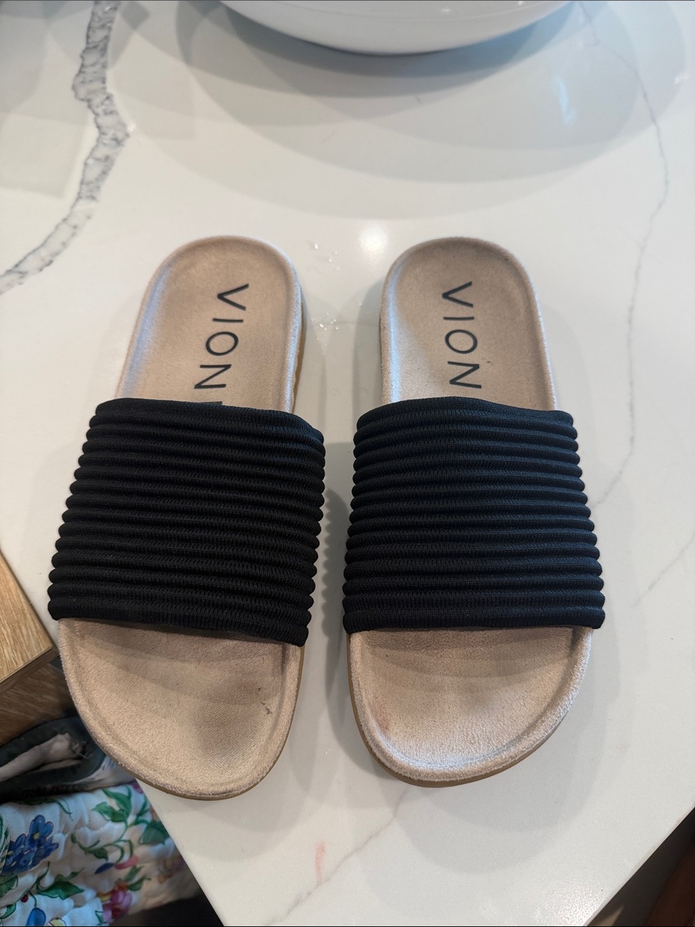 Vionic Black Ribbed Strap Slide Sandals with Metallic Footbed